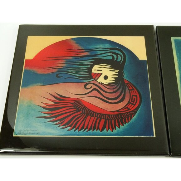 Gina Kuwamura Art Tiles Pair Singing Wind and Hopi Kachina Sunface 12x12in - Picture 7 of 13